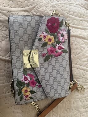 Karl Lagerfeld Gray Logo Floral Embroidered Crossbody Bag with Gold Hardware